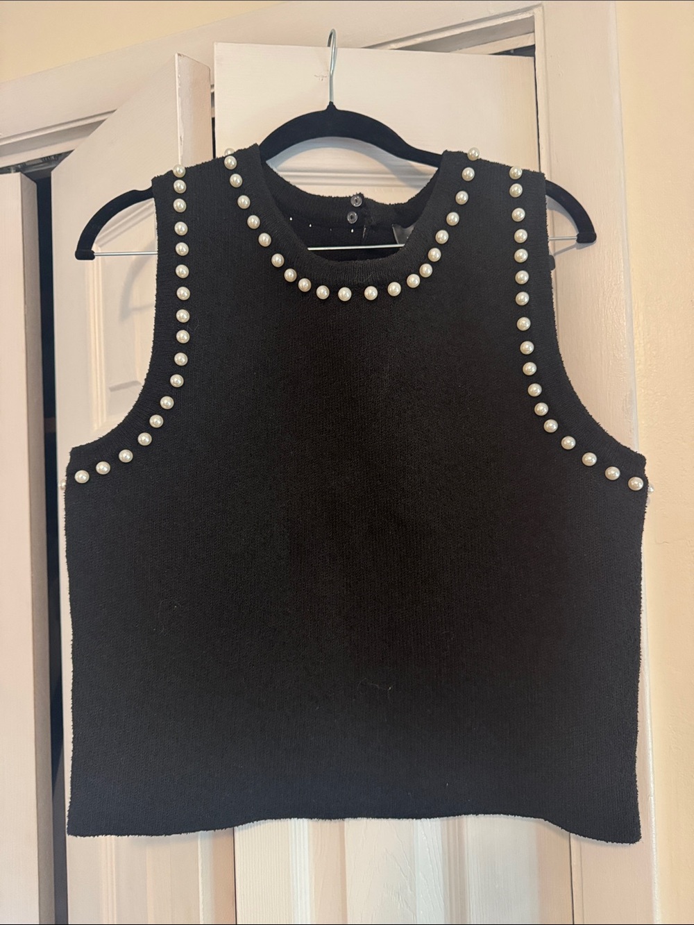 Anthropologie Black Pearl-Trim Sleeveless Knit Top